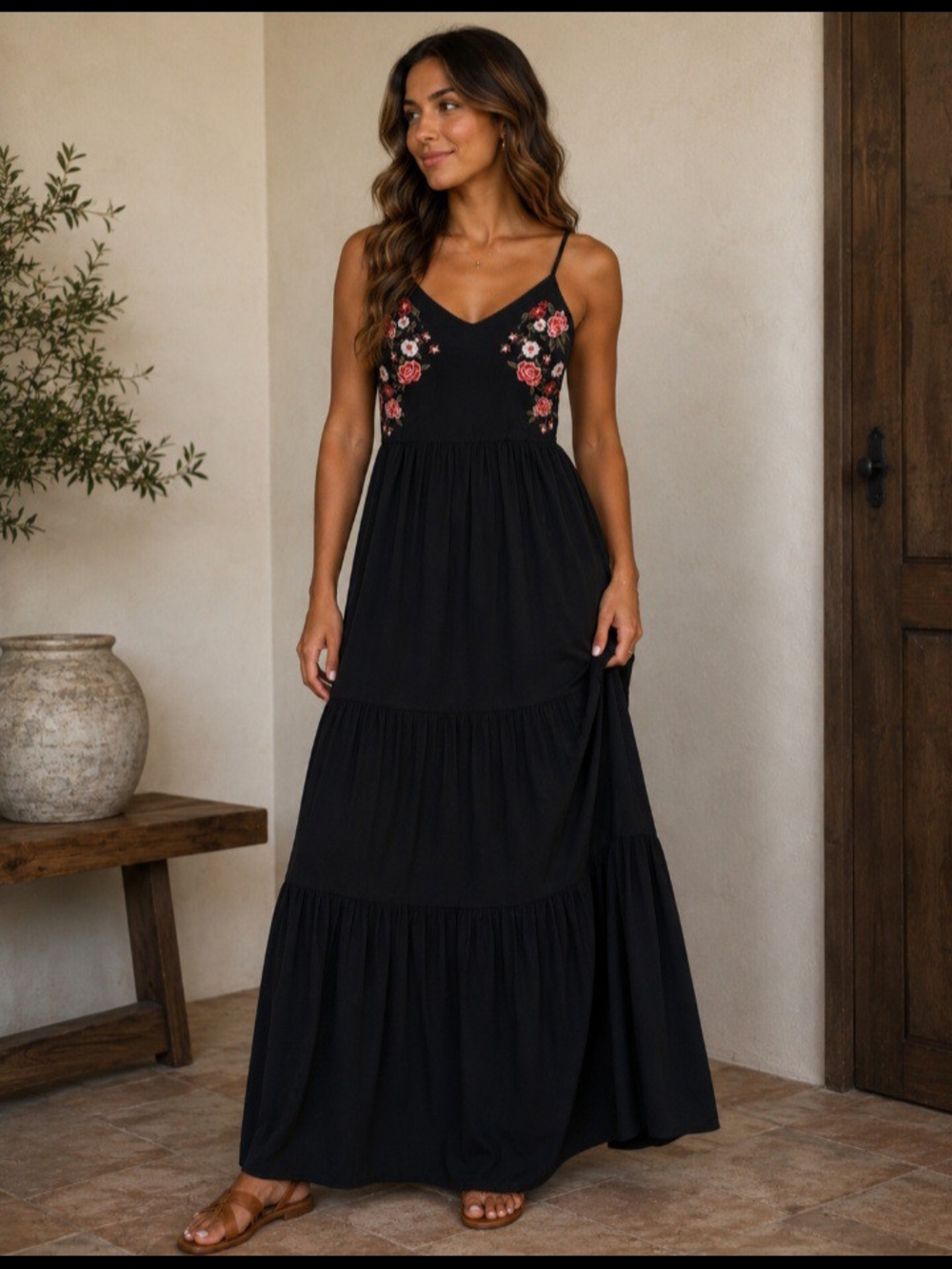 Black Floral Embroidered Tiered Maxi Dress